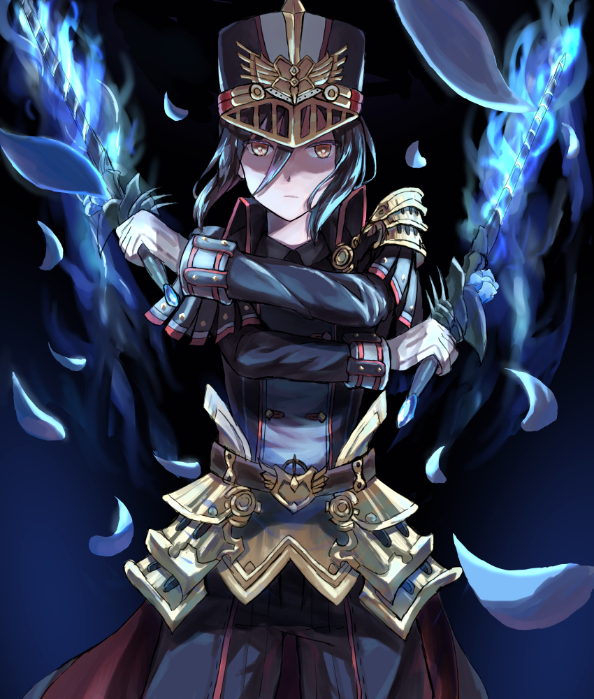 1girl, dual_wielding, fire, gloves, hat, highres, meleph_(xenoblade), military, military_hat, military_uniform, pauldrons, reverse_trap, solo, sword, uniform, weapon, xenoblade, xenoblade_2