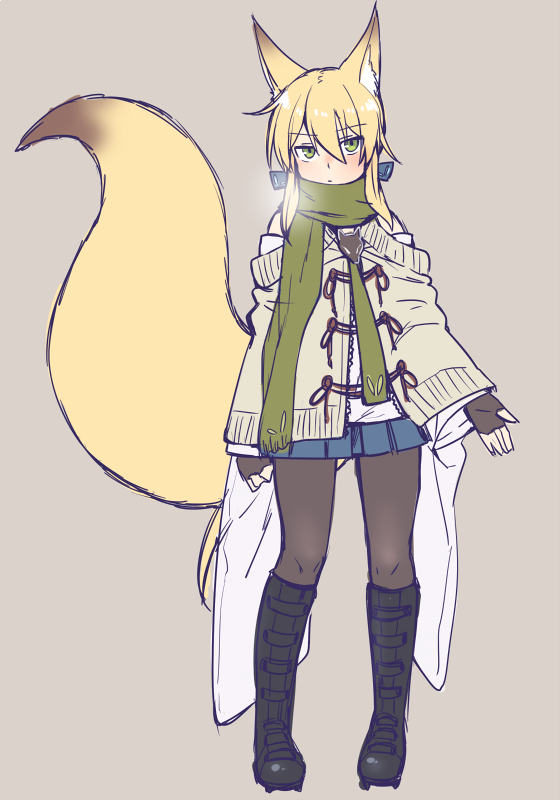 1girl, animal_ears, bangs, black_gloves, blue_skirt, boots, brown_background, cardigan