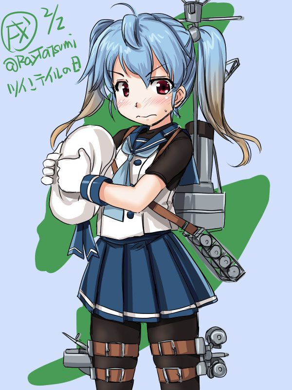 1girl, aa_gun, alternate_hairstyle, black_legwear, blonde_hair, blue_hair, blue_neckwear, blue_ribbon