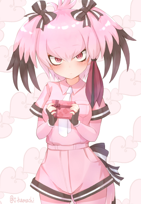 1girl, alternate_color, alternate_hair_color, alternate_hairstyle, bird_tail, black_gloves, black_hair, blush, bodystocking, box, breast_pocket, closed_mouth, collared_shirt, fingerless_gloves, gift, gift_box, gloves, hair_ribbon, hands_up, heart, holding, holding_gift, kemono_friends, long_hair, looking_at_viewer, low_ponytail, multicolored_hair, necktie, o_hamachi, pink, pink_eyes, pink_hair, pink_shirt, pink_shorts, pocket, purple_hair, ribbon, shiny, shiny_hair, shirt, shoebill_(kemono_friends), short_sleeves, shorts, side_ponytail, solo, standing, tail, twintails, upper_body, valentine, white_neckwear
