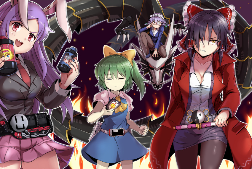 4girls, alice_margatroid, animal_ears, belt, black_hair, black_legwear, blush, bow, breasts, cleavage, closed_eyes, closed_mouth, collarbone, cookie_(touhou), daiyousei, dragblacker, enperuto_(yarumi), eyebrows_visible_through_hair, facing_viewer, glasses, hair_bow, hair_tubes, hakurei_reimu, hinase_(cookie), hisui_(cookie), ichigo_(cookie), izayoi_sakuya, kamen_rider, kamen_rider_555, kamen_rider_amazons, kamen_rider_build_(series), kamen_rider_ryuki_(series), large_breasts, long_hair, long_sleeves, looking_at_viewer, maid_headdress, multiple_girls, nazrin, necktie, nyon_(cookie), open_mouth, pantyhose, parted_lips, pink_skirt, puffy_short_sleeves, puffy_sleeves, purple_hair, rabbit_ears, red_bow, red_eyes, red_neckwear, reisen_udongein_inaba, ryuuga_(cookie), sananana, short_ponytail, short_sleeves, side_ponytail, skirt, smile, touhou, yellow_bow, yellow_eyes