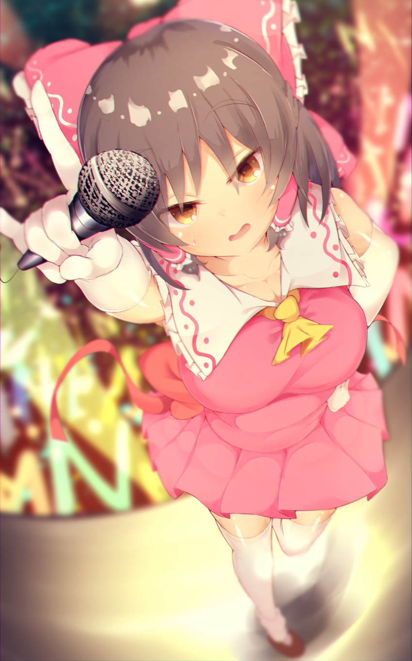 1girl, absurdres, akabeco, black_hair, bow, breasts, chromatic_aberration, cleavage