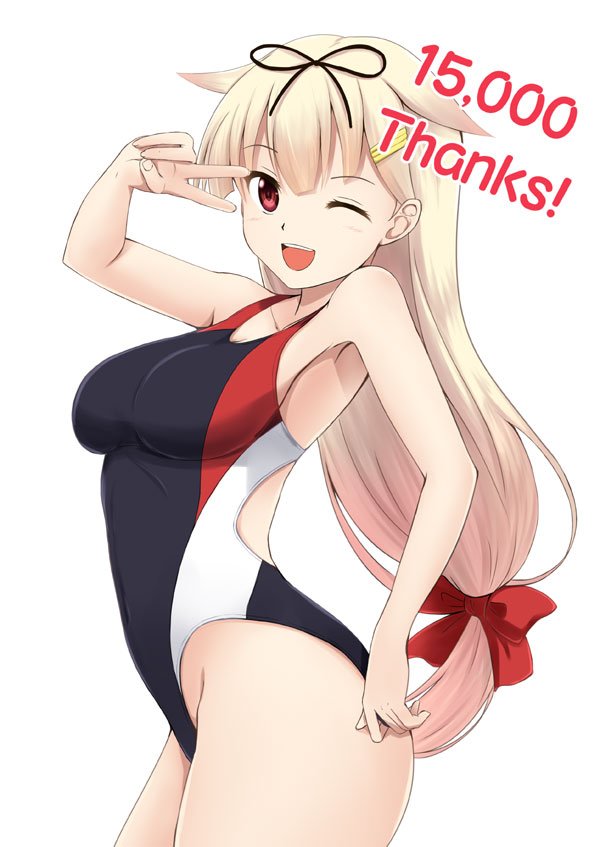 1girl, black_ribbon, black_swimsuit, blonde_hair, breasts, celebration, competition_swimsuit, cowboy_shot