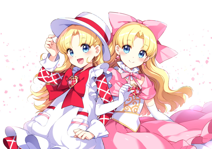 2girls, ashita_no_nadja, blonde_hair, blue_eyes, blush, bow, commentary_request, dress