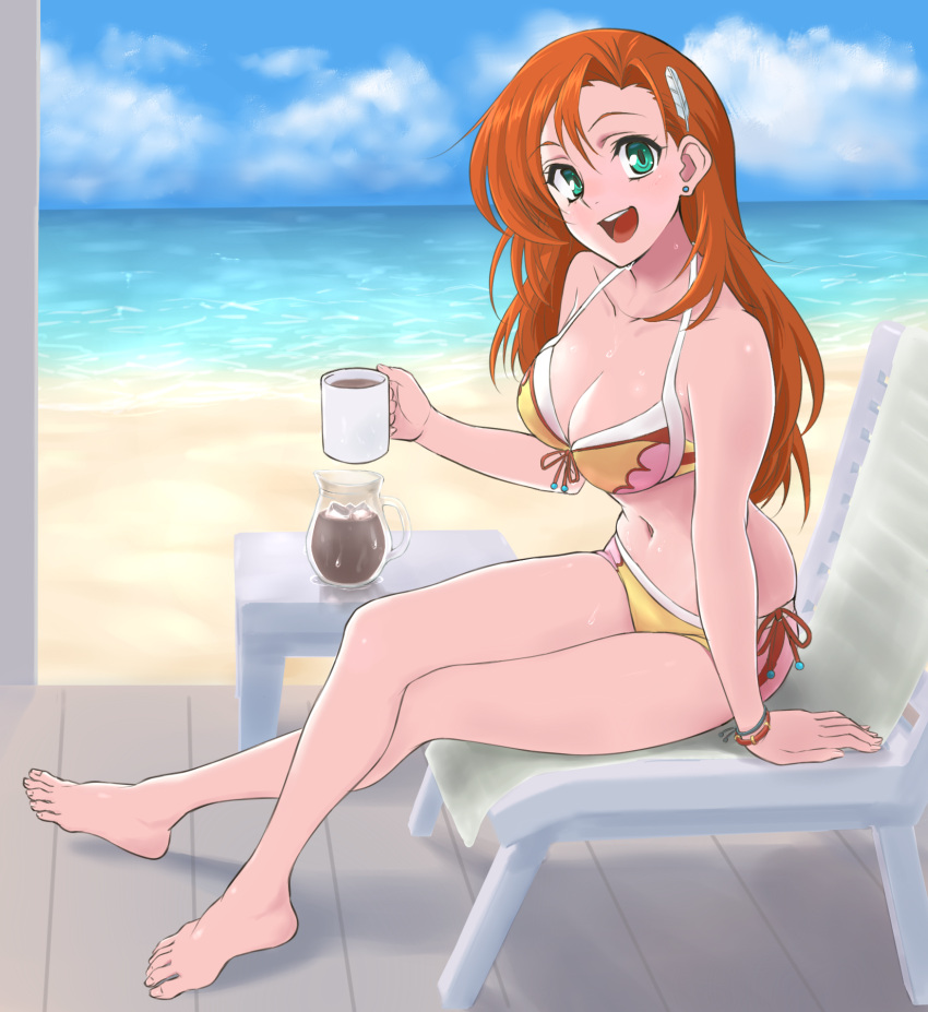 1girl, :d, arm_support, barefoot, beach, beach_chair, bikini, breasts