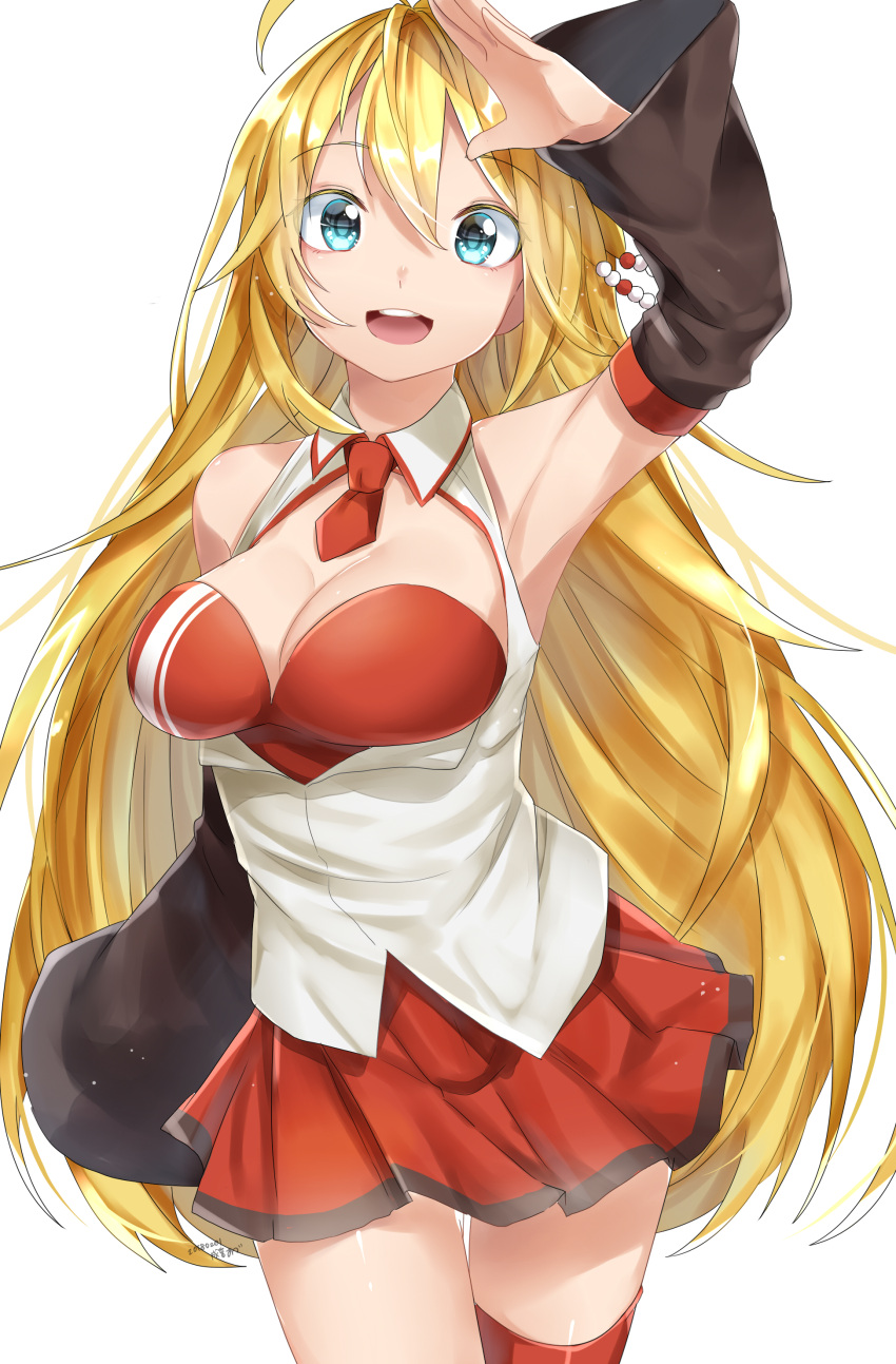 1girl, absurdres, ahoge, aqua_eyes, arm_behind_back, arm_up, armpits, bangs, blonde_hair, breasts, cleavage, cleavage_cutout, cowboy_shot, dated, detached_sleeves, dress, eyebrows_visible_through_hair, hair_ornament, highres, long_hair, looking_at_viewer, narumiyaaz, open_mouth, red_dress, red_legwear, shiny, shiny_skin, short_dress, single_thighhigh, smile, standing, thigh-highs, thigh_gap, tsurumaki_maki, vest, voiceroid, wide_sleeves