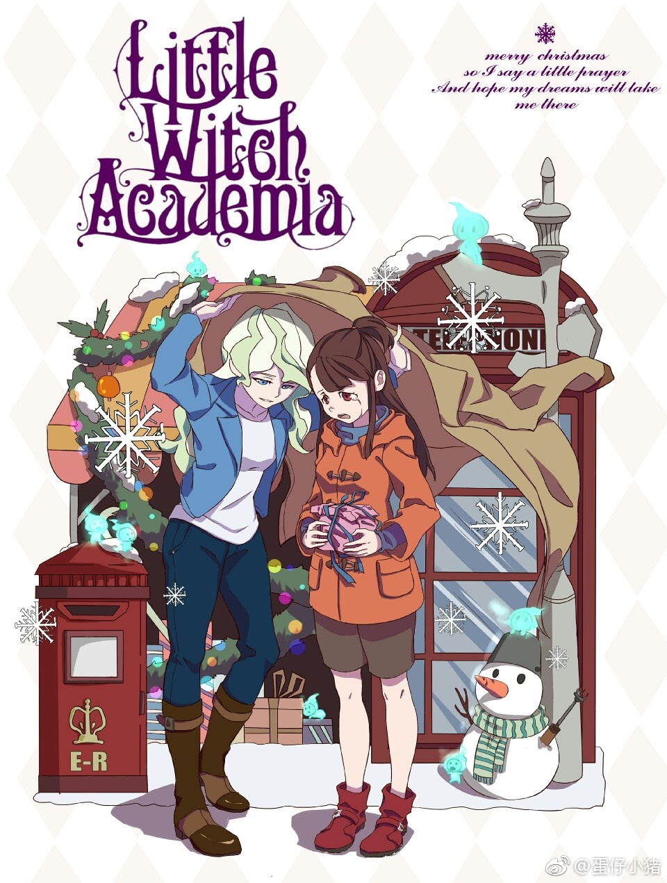 alternate_costume, ankle_boots, argyle, argyle_background, arm_up, beizhe_mu_jita_de_xiao_zhu, blonde_hair, blue_jacket