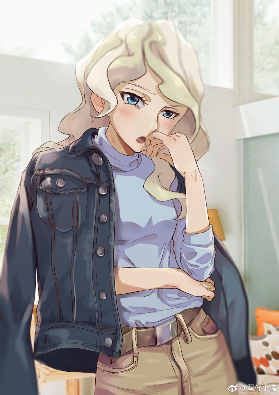 1girl, :o, alternate_costume, backlighting, beizhe_mu_jita_de_xiao_zhu, belt, blonde_hair, blue_eyes