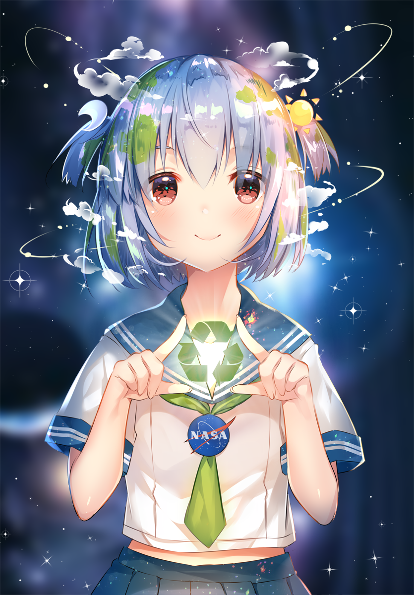 1girl, bangs, belly_peek, blush, closed_mouth, cowboy_shot, earth, earth-chan