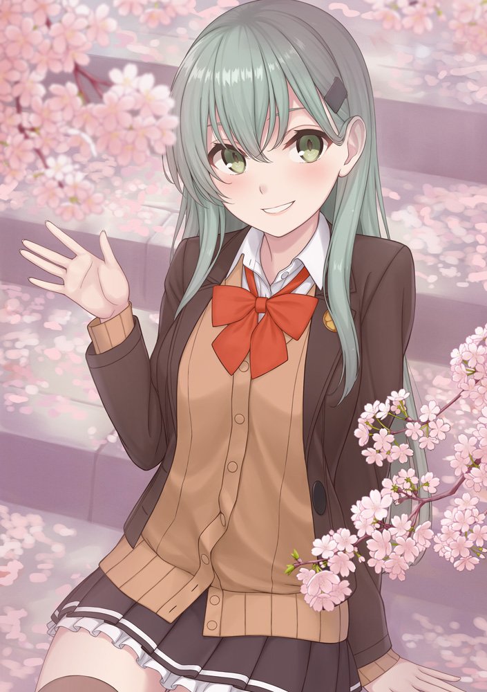 1girl, aqua_eyes, aqua_hair, ascot, blush, cardigan, cherry_blossoms, hair_ornament