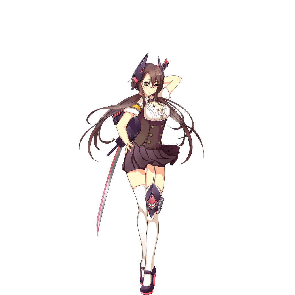 1girl, anchor_symbol, armband, artist_request, breasts, brown_eyes, brown_hair, cleavage, corset, garter_straps, hair_tie, hand_on_hip, headgear, high_heels, holding, holding_sword, holding_weapon, katana, knee_pads, legs, long_hair, looking_at_viewer, looking_over_glasses, low_twintails, mary_janes, medium_breasts, miniskirt, official_art, open_clothes, open_shirt, over-rim_eyewear, over_shoulder, parted_lips, red-framed_eyewear, rigging, semi-rimless_eyewear, shirt, shoes, single_garter_strap, single_knee_pad, skirt, solo, sword, sword_over_shoulder, tatsuta_(zhan_jian_shao_nyu), thigh-highs, thighs, transparent_background, twintails, unbuttoned, unbuttoned_shirt, very_long_hair, weapon, weapon_over_shoulder, white_legwear, white_shirt, zhan_jian_shao_nyu