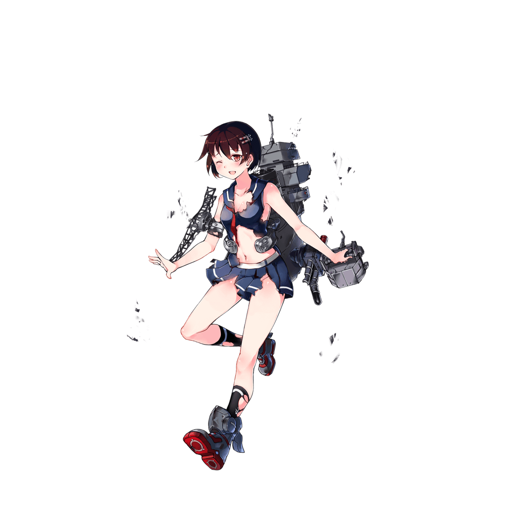 1girl, ahoge, artist_request, black_legwear, blush, boots, breasts, brown_hair, catapult_launcher, damaged, debris, hair_ornament, kitakami_(zhan_jian_shao_nyu), navel, navy_blue_serafuku, necktie, no_gloves, official_art, one_eye_closed, open_mouth, pleated_skirt, rigging, sailor_collar, shirt, skirt, sleeveless, sleeveless_shirt, small_breasts, solo, thigh-highs, torn_clothes, torn_shirt, torn_skirt, torpedo, torpedo_tubes, transparent_background, zhan_jian_shao_nyu
