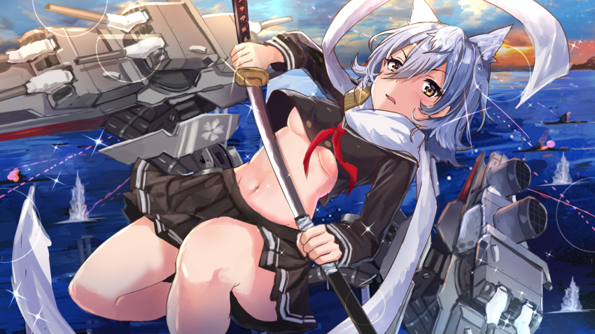 1girl, animal_ears, azur_lane, bangs, black_serafuku, black_shirt, black_skirt, blush