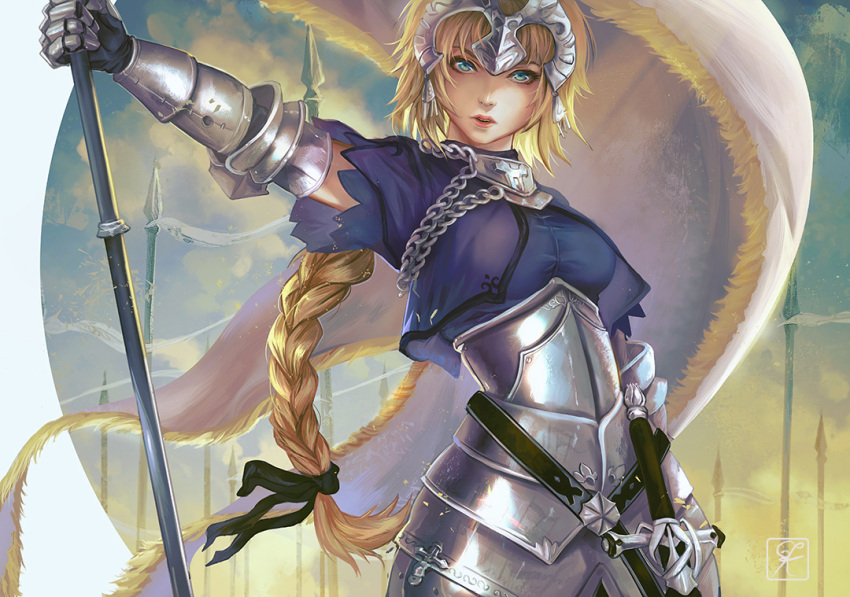 1girl, armor, blonde_hair, braid, breasts, capelet, chains, cowboy_shot