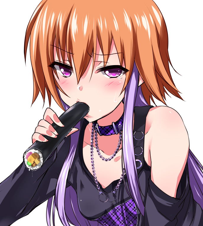 1girl, bare_shoulders, blush, collar, collarbone, eating, eyebrows_visible_through_hair, food