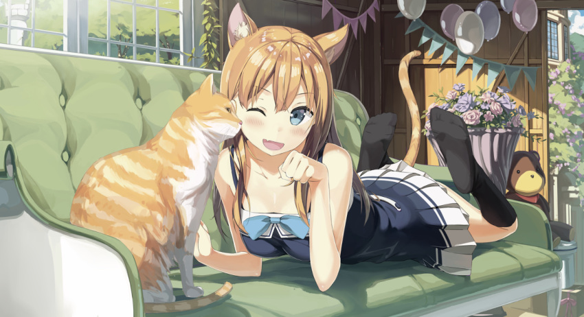 1girl, animal, animal_ears, araragikoyomis, balloon, bangs, black_legwear, blue_dress