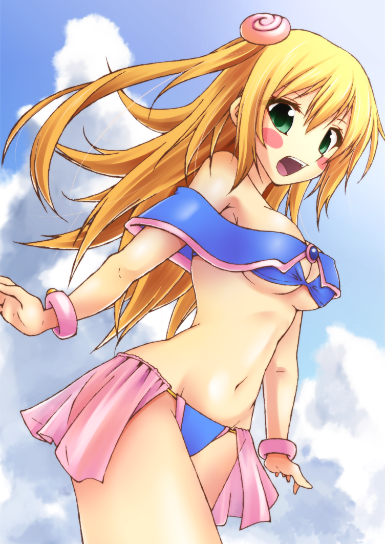 1girl, aruha, bare_shoulders, blonde_hair, breasts, cleavage, commentary_request, dark_magician_girl
