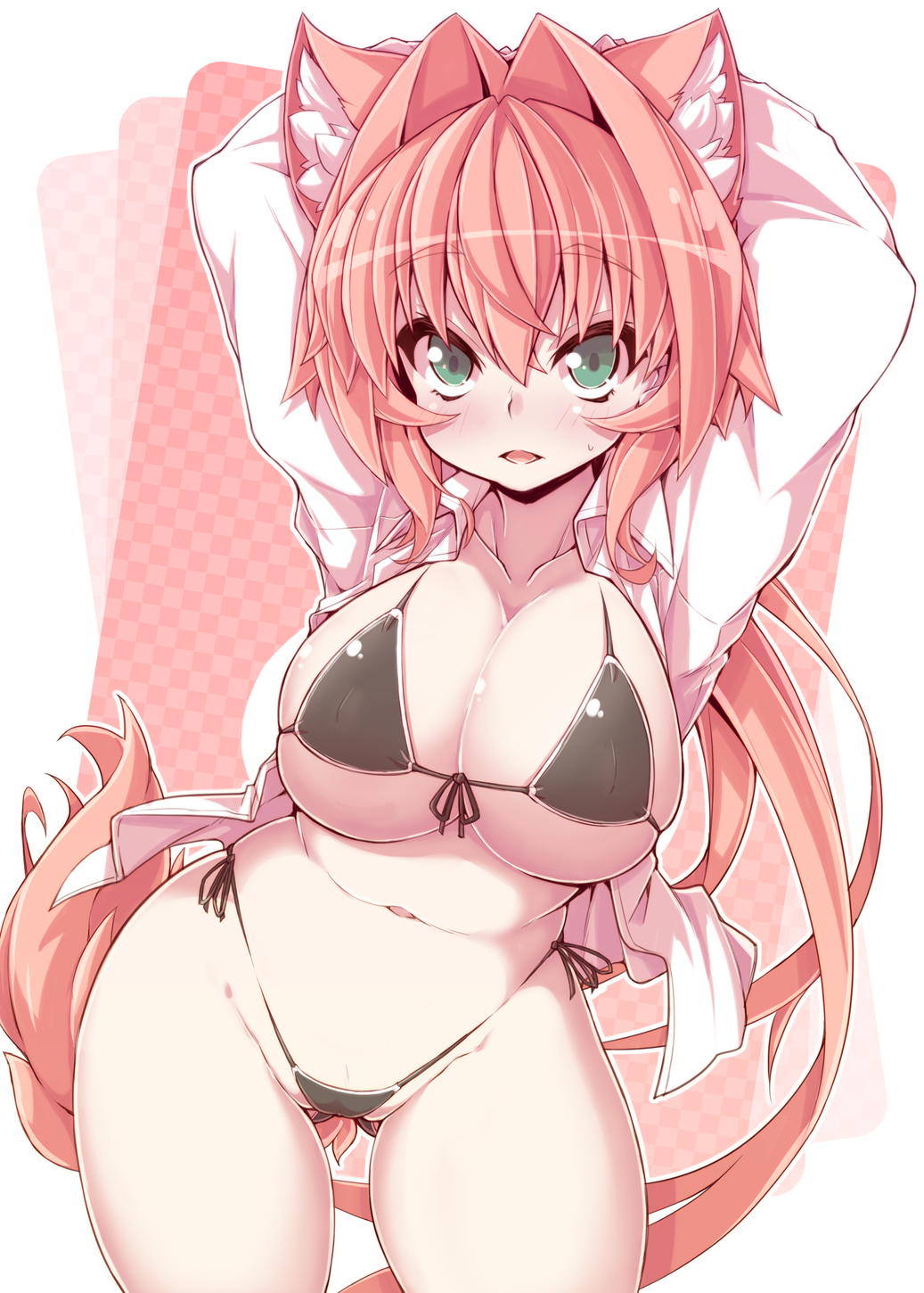 1girl, animal_ears, arms_behind_back, bangs, bikini, black_bikini, blush, breasts, collarbone, collared_shirt, contrapposto, cowboy_shot, crazy_developers, curvy, dress_shirt, erect_nipples, eyebrows_visible_through_hair, fang, green_eyes, hair_between_eyes, hair_intakes, highres, large_breasts, long_hair, long_sleeves, looking_at_viewer, micro_bikini, open_clothes, open_mouth, open_shirt, original, phantasy_star, phantasy_star_online_2, pink_hair, ponytail, rikumaru, shirt, side-tie_bikini, solo, souffle_gamberetto, string_bikini, swimsuit, tail, very_long_hair, white_shirt