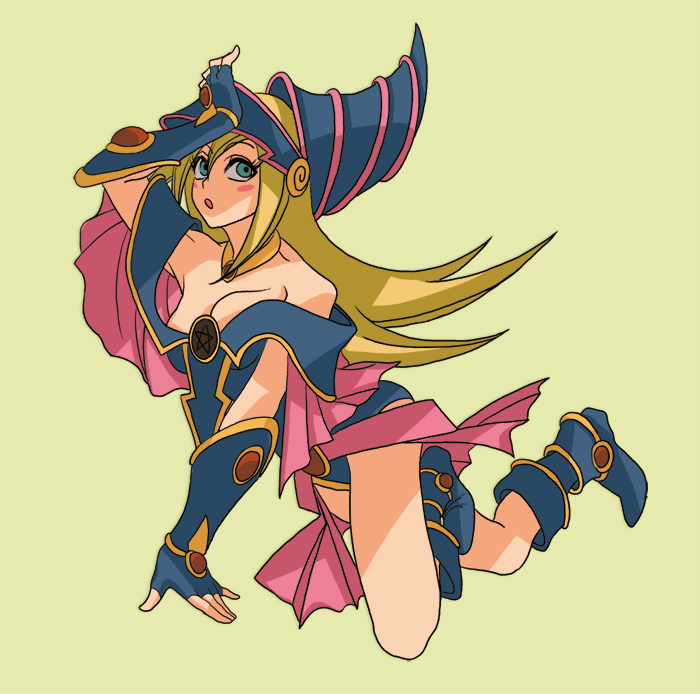 1girl, baby_white, bare_shoulders, blonde_hair, breasts, cleavage, commentary_request, dark_magician_girl, detached_sleeves, duel_monster, hat, large_breasts, long_hair, smile, solo, yu-gi-oh!, yuu-gi-ou_duel_monsters