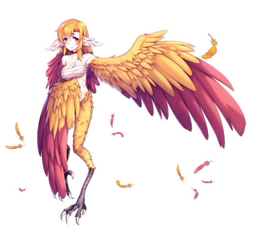 1girl, bandage, blonde_hair, breasts, choker, feathered_wings, feathers, harpy