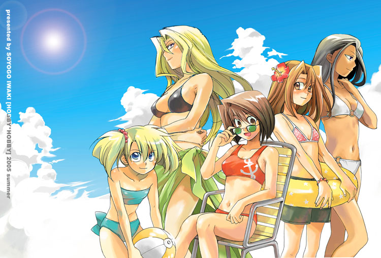 5girls, adjusting_eyewear, anchor, ball, bandeau, bare_shoulders, beachball, bikini