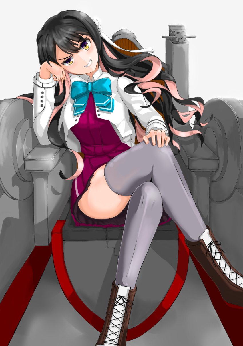 1girl, black_hair, boots, chair, cross-laced_footwear, esora_neko, full_body, grain, grey_legwear, hairband, head_tilt, highres, kantai_collection, lace-up_boots, legs_crossed, long_hair, looking_at_viewer, multicolored_hair, naganami_(kantai_collection), parted_lips, pink_hair, sitting, solo, thigh-highs, two-tone_hair, wavy_hair, white_hairband