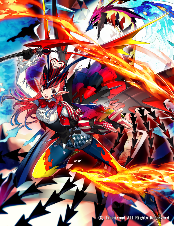 1girl, ardor_dragon_master_amanda, bat_wings, boots, bow, bowtie, cardfight!!_vanguard, company_name