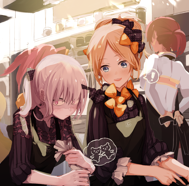 2girls, abigail_williams_(fate/grand_order), blonde_hair, blue_eyes, blush, bow, dress, en_(enxxx), fate/grand_order, fate_(series), frills, hair_bow, lavinia_whateley_(fate/grand_order), long_hair, multiple_girls, pink_hair, ponytail