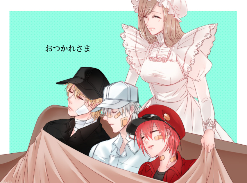 2boys, 2girls, ae-3803, artist_name, bandage, blanket, bou_(maimoca501), closed_eyes