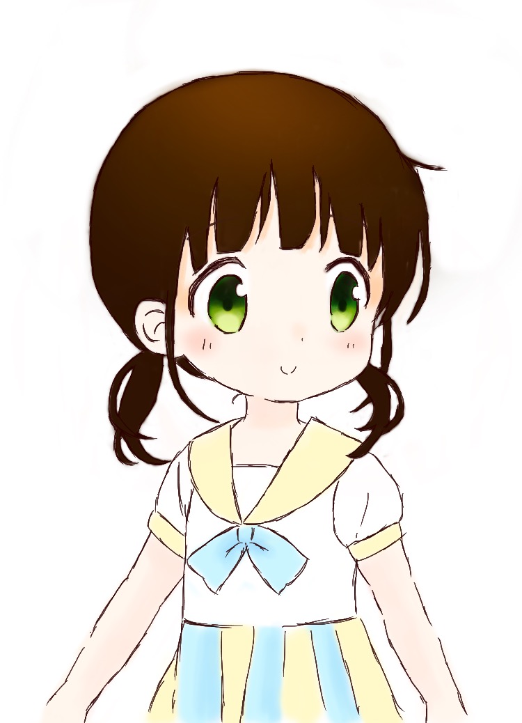 1girl, blush, brown_hair, child, dress, gochuumon_wa_usagi_desu_ka?, green_eyes, ii_(pixiv_id_25687572)