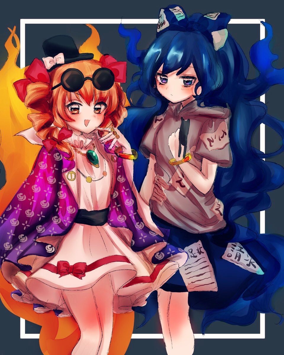 2girls, black_hat, blue_eyes, blue_hair, blush, bow, bracelet, commentary_request, drill_hair, eyewear_on_head, floating_hair, fukufukupine, hair_bow, hat, hat_bow, highres, holding, holding_stuffed_animal, hood, hoodie, jacket, jewelry, long_hair, looking_at_viewer, multiple_girls, necklace, open_clothes, open_jacket, open_mouth, orange_eyes, orange_hair, purple_jacket, red_bow, ring, short_sleeves, siblings, sisters, stuffed_animal, stuffed_toy, sunglasses, top_hat, touhou, twin_drills, very_long_hair, white_bow, yorigami_jo'on, yorigami_shion