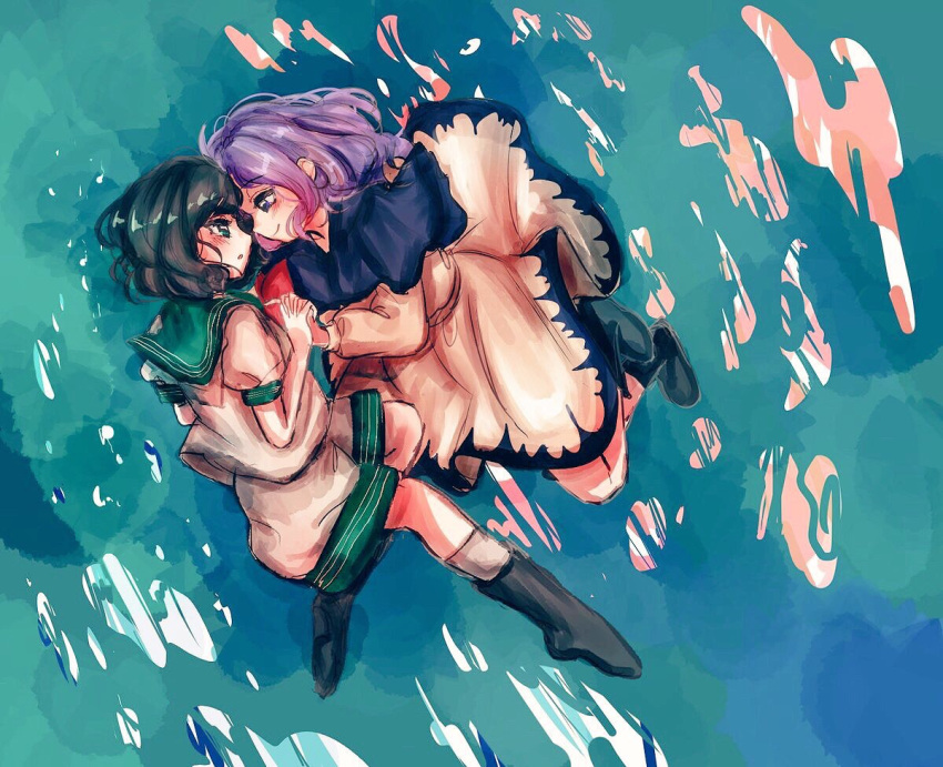 2girls, black_hair, blue_eyes, blue_hair, commentary_request, face-to-face, from_side, fukufukupine