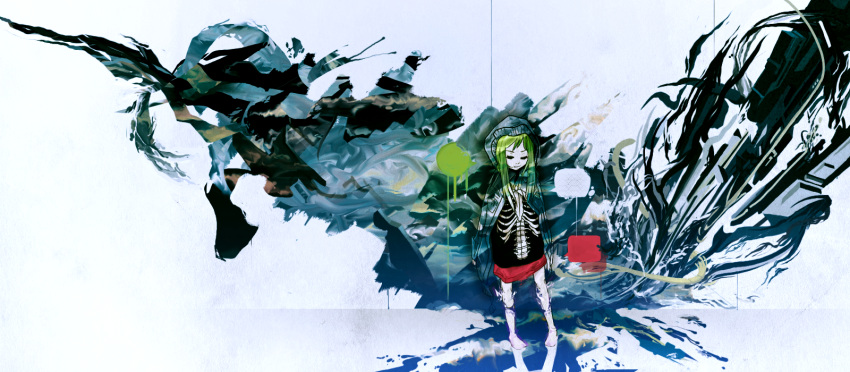 child, green_hair, highres, hood, original, socks, stein