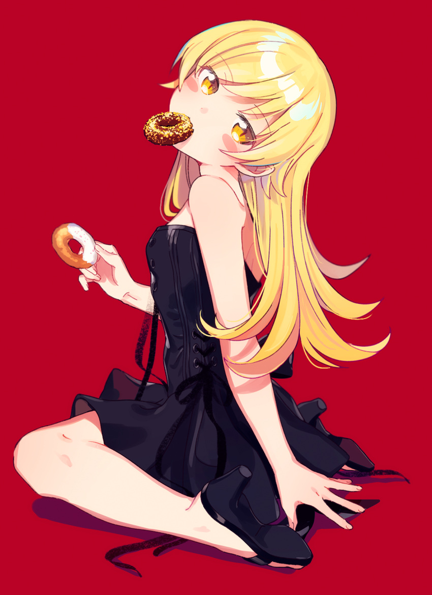 1girl, bare_shoulders, black_dress, black_footwear, blonde_hair, breasts, dress, eating, food, food_in_mouth, fuji_fujino, full_body, high_heels, highres, holding, holding_doughnut, holding_food, long_hair, looking_at_viewer, monogatari_(series), oshino_shinobu, red_background, simple_background, sitting, sleeveless, sleeveless_dress, small_breasts, solo, yellow_eyes