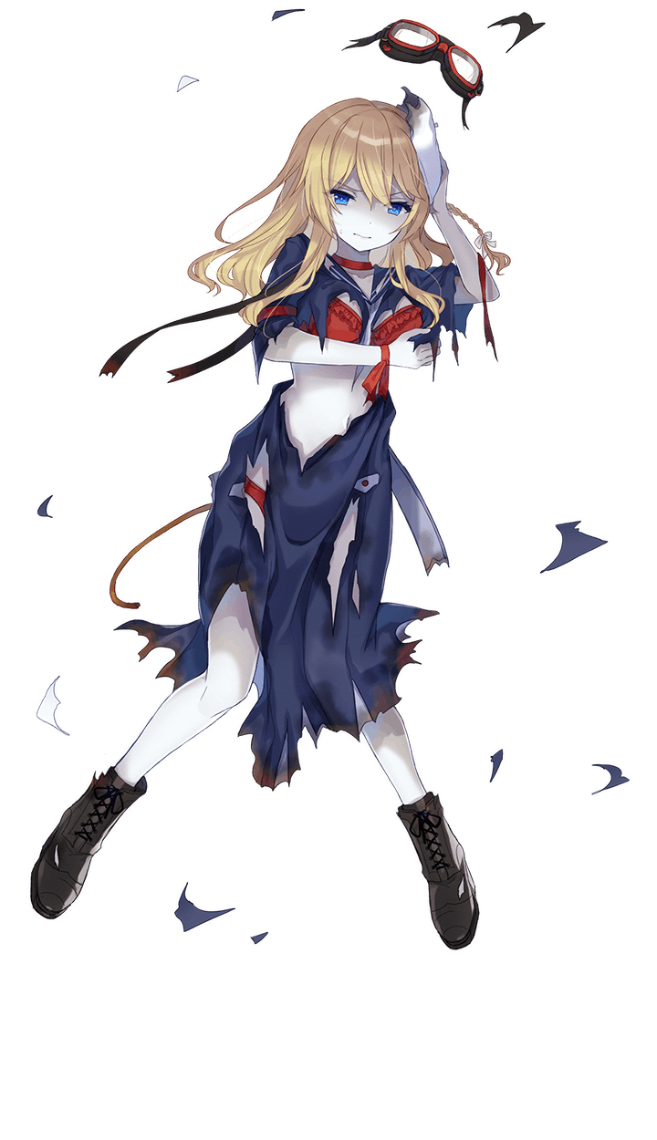 1girl, black_footwear, blonde_hair, blue_eyes, blue_skirt, boots, bra, cross-laced_footwear, dress, elizabeth_dunaway, formation_girls, full_body, goggles, hair_braid, hat, highres, hiiragi_souren, lace-up_boots, long_hair, long_skirt, looking_at_viewer, official_art, red_bra, skirt, torn_clothes, torn_dress, torn_hat, transparent_background, underwear, white_hat