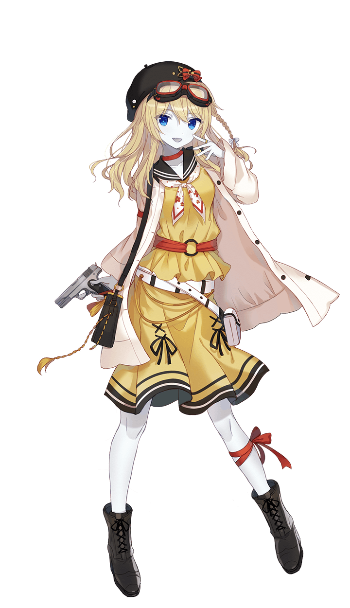 1girl, :d, black_footwear, black_hat, blonde_hair, blue_eyes, boots, cardigan, cross-laced_footwear, dress, elizabeth_dunaway, finger_to_mouth, formation_girls, full_body, goggles, goggles_on_head, gun, hair_braid, handgun, hat, highres, hiiragi_souren, holding, holding_gun, holding_weapon, jewelry, lace-up_boots, long_hair, long_skirt, looking_at_viewer, neckerchief, official_art, open_mouth, pistol, red_belt, red_ribbon, ribbon, ring, sailor_dress, skirt, smile, solo, transparent_background, weapon, white_belt, white_neckwear, yellow_dress, yellow_skirt