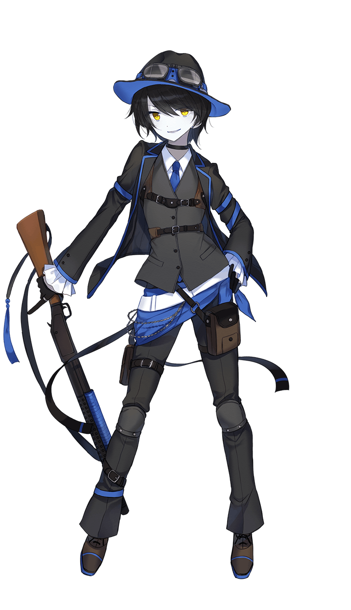 1girl, black_footwear, black_hair, black_hat, black_jacket, black_pants, blue_neckwear, cly_baydy, fedora, formation_girls, full_body, goggles, goggles_on_headwear, gun, hat, highres, hiiragi_souren, holding, holding_gun, holding_weapon, jacket, looking_at_viewer, necktie, official_art, pants, rifle, short_hair, solo, transparent_background, weapon, yellow_eyes