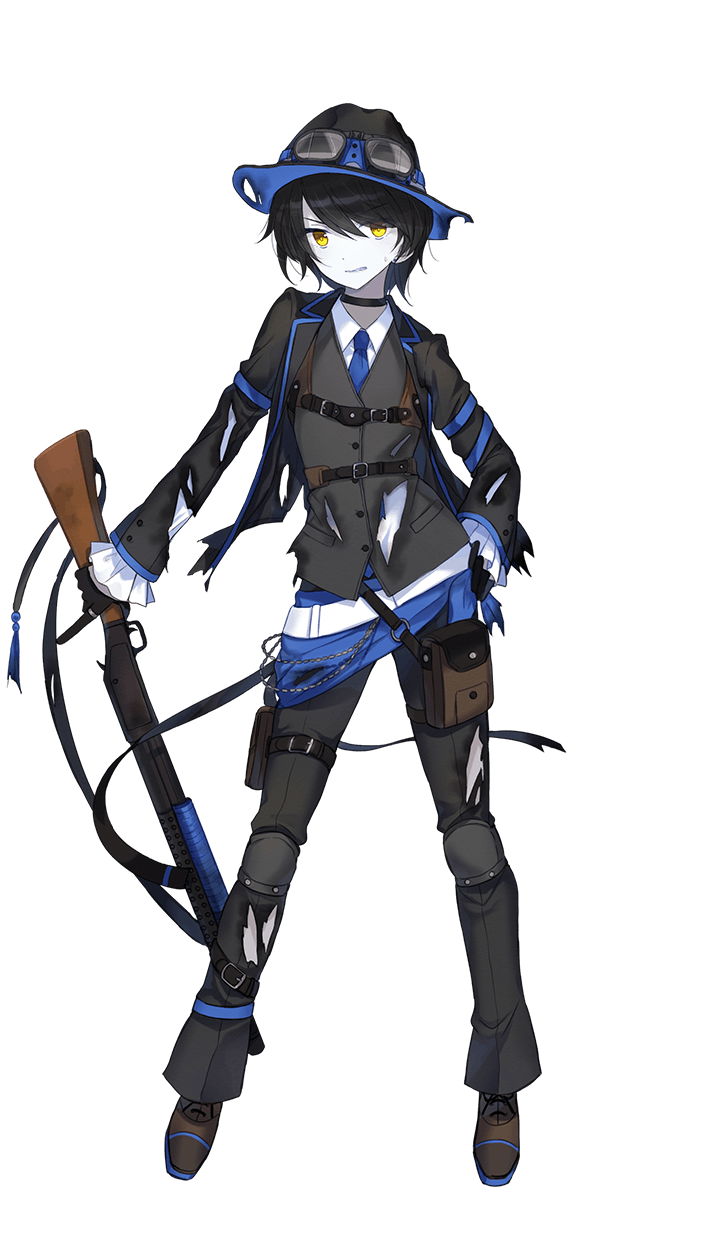 1girl, black_footwear, black_hair, black_hat, black_jacket, black_pants, blue_neckwear, cly_baydy, fedora, formation_girls, full_body, goggles, goggles_on_headwear, gun, hat, highres, hiiragi_souren, holding, holding_gun, holding_weapon, jacket, looking_at_viewer, necktie, official_art, pants, rifle, short_hair, solo, torn_clothes, transparent_background, weapon, yellow_eyes