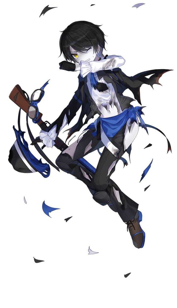 1girl, black_footwear, black_hair, black_hat, black_jacket, black_pants, blue_neckwear, cly_baydy, fedora, formation_girls, full_body, goggles, goggles_on_headwear, gun, hat, highres, hiiragi_souren, holding, holding_gun, holding_weapon, jacket, looking_at_viewer, necktie, official_art, one_eye_closed, pants, rifle, short_hair, solo, torn_clothes, transparent_background, weapon, yellow_eyes