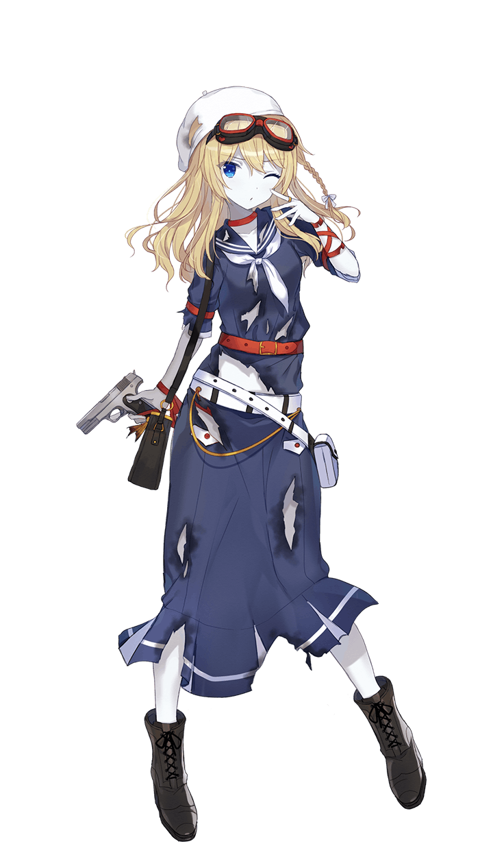 1girl, ;o, black_footwear, blonde_hair, blue_eyes, blue_skirt, boots, cross-laced_footwear, dress, elizabeth_dunaway, finger_to_mouth, formation_girls, full_body, goggles, goggles_on_head, gun, hair_braid, handgun, hat, highres, hiiragi_souren, holding, holding_gun, holding_weapon, jewelry, lace-up_boots, long_hair, long_skirt, looking_at_viewer, neckerchief, official_art, one_eye_closed, pistol, red_belt, red_ribbon, ribbon, ring, sailor_dress, skirt, solo, torn_clothes, torn_dress, torn_hat, transparent_background, weapon, white_belt, white_hat, white_neckwear