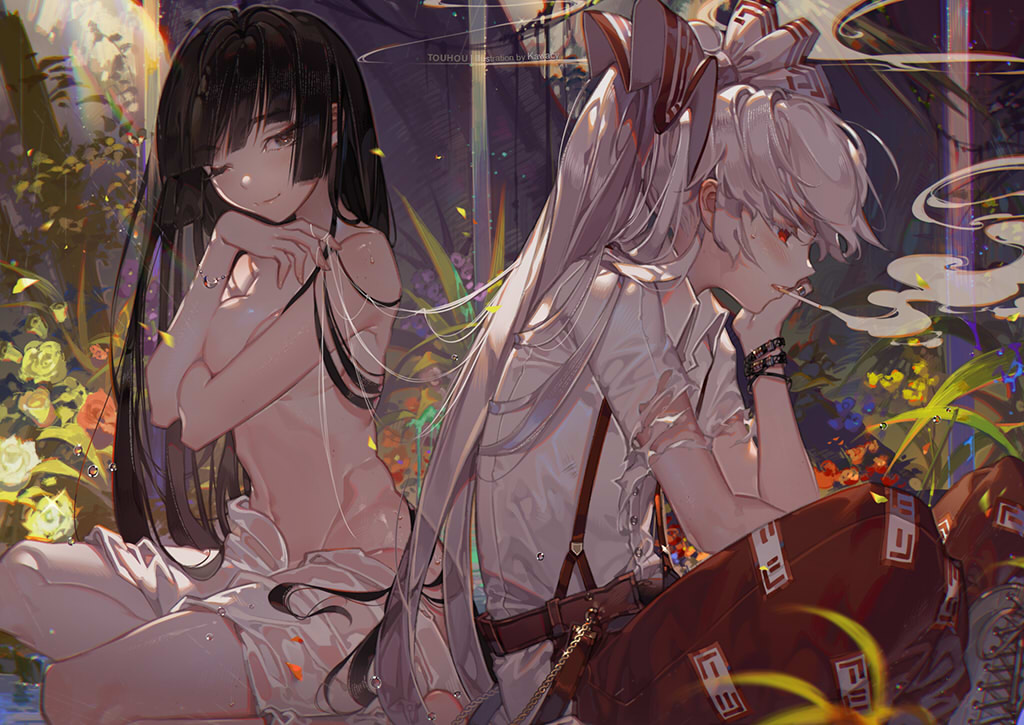 2girls, black_hair, cigarette, clothed_female_nude_female, fujiwara_no_mokou, houraisan_kaguya, kawacy, multiple_girls