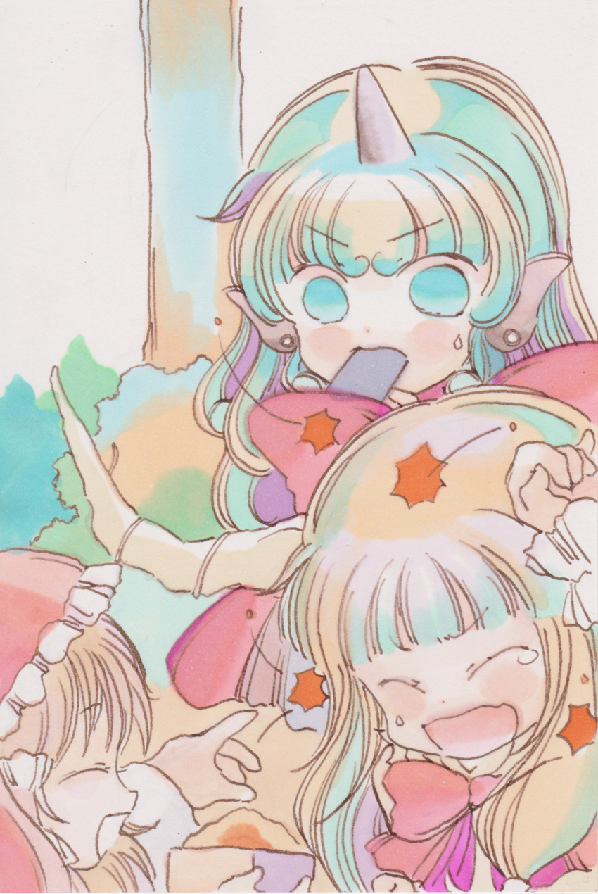 3girls, beans, hakurei_reimu, highres, horn, horns, ibuki_suika, komano_aun
