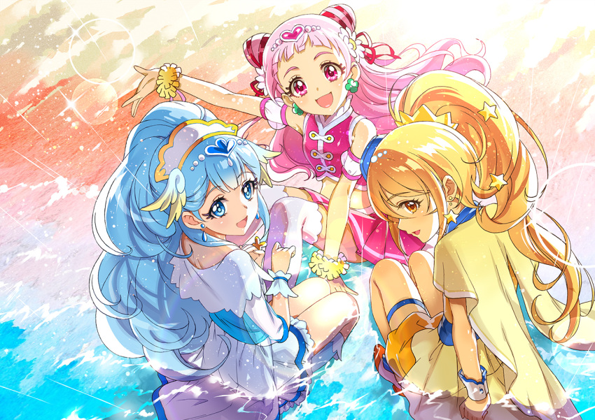 3girls, :d, arm_up, beach, blonde_hair, blue_eyes, blue_hair, brown_eyes