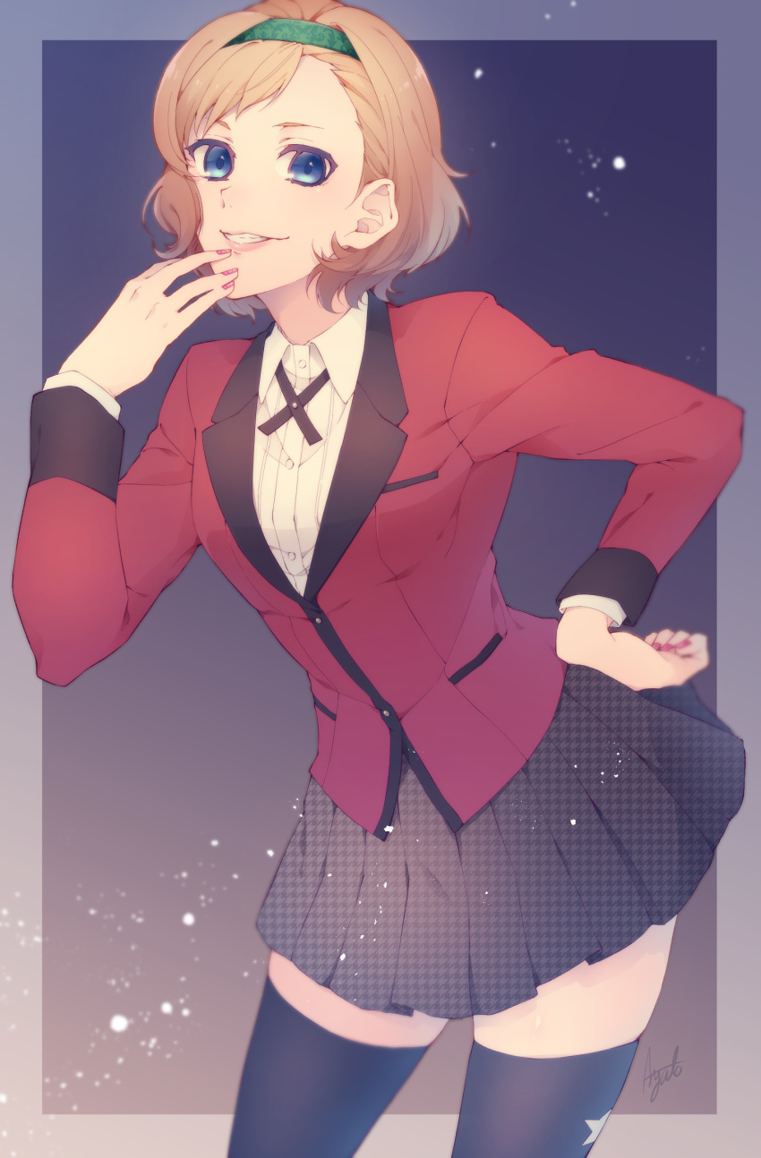 1girl, aya_tooo, black_legwear, black_skirt, blazer, blue_eyes, brown_hair, cowboy_shot, green_hairband, grin, hand_on_hip, hand_on_own_face, highres, houndstooth, jacket, kakegurui, leaning_forward, long_sleeves, looking_at_viewer, miniskirt, nail_polish, pink_lips, pink_nails, pleated_skirt, red_blazer, shirt, short_hair, skirt, smile, solo, sumeragi_itsuki, thigh-highs, white_shirt, zettai_ryouiki