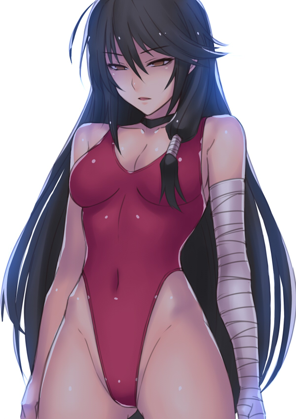 1girl, bandage, bandaged_arm, black_choker, black_hair, breasts, choker, cleavage
