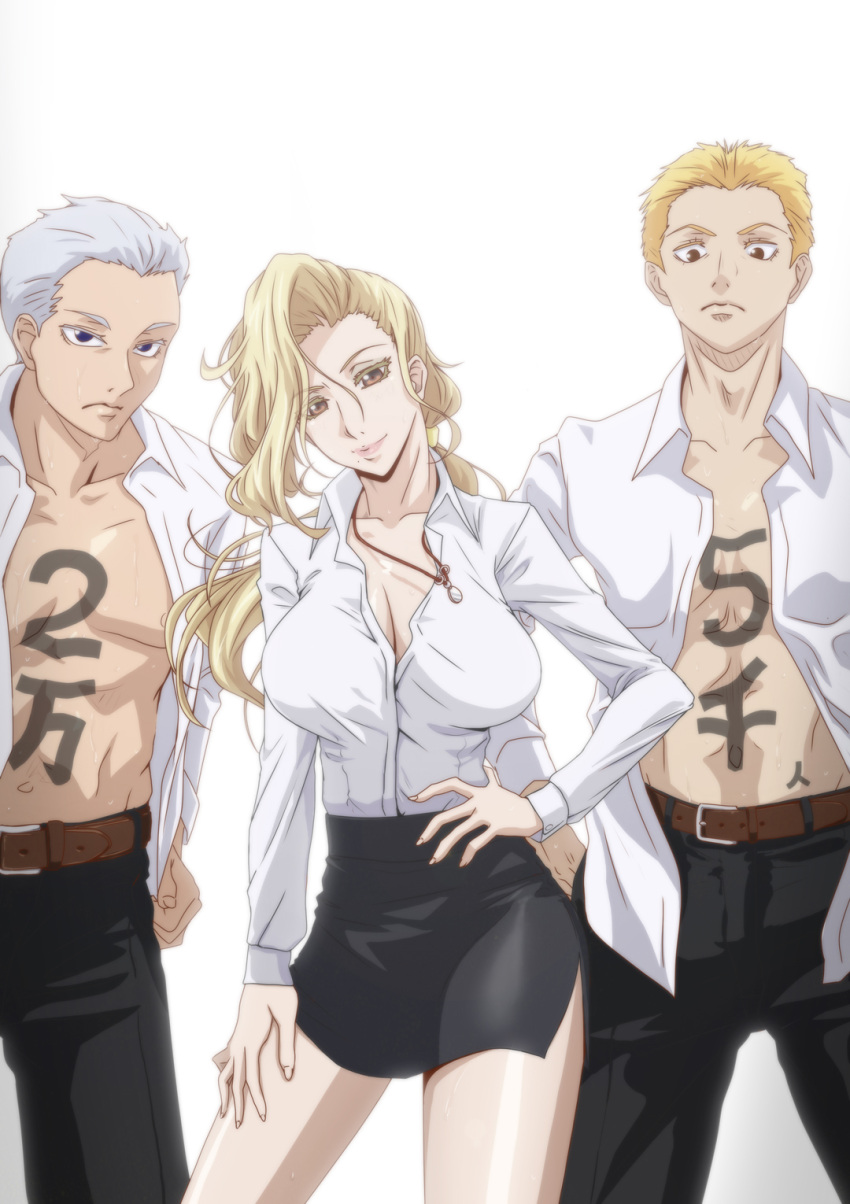 1girl, 2boys, anime_coloring, ballroom_e_youkoso, blonde_hair, body_writing, breasts, brown_eyes, character_request, cleavage, dress_shirt, highres, hyoudou_marisa, jewelry, kyabakurabakufu, large_breasts, long_hair, multiple_boys, necklace, open_clothes, open_shirt, shirt, side_slit, translation_request, white_background, white_shirt