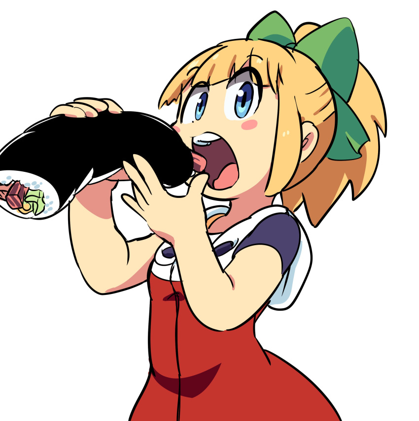 1girl, absurdres, blonde_hair, blue_eyes, blush_stickers, dress, eyebrows_visible_through_hair, food, hair_ribbon, highres, looking_at_viewer, mega_man_(classic), mega_man_(series), monjaosu, ponytail, ribbon, rice, rockman, rockman_(classic), roll, roll_(mega_man), short_sleeves, solo, sushi, teeth