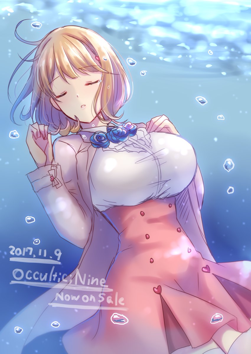 1girl, arms_up, bangs, blonde_hair, blue_flowers, bow, breasts, buttons