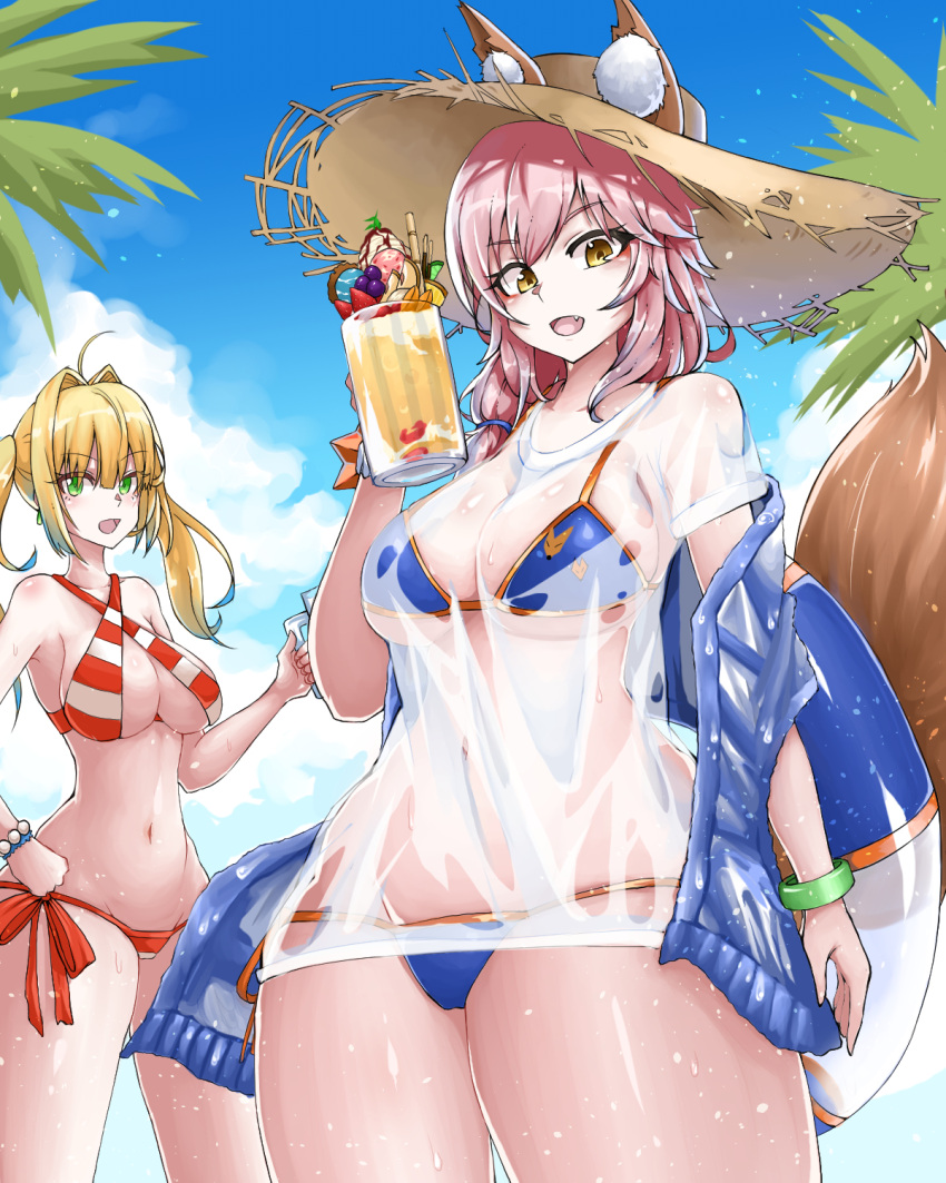 2girls, ahoge, animal_ears, bead_bracelet, beads, bikini, bikini_under_clothes, blonde_hair