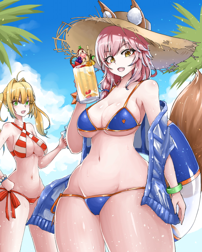 2girls, ahoge, animal_ears, bead_bracelet, beads, bikini, bikini_under_clothes, blonde_hair, blue_bikini, bracelet, breasts, cleavage, collarbone, criss-cross_halter, curvy, day, ears_through_headwear, eyebrows_visible_through_hair, fang, fate/extra, fate/grand_order, fate_(series), food, fox_ears, fox_tail, fruit, green_eyes, groin, hair_intakes, halter_top, halterneck, hat, highres, innertube, jewelry, large_breasts, looking_at_viewer, looking_down, multiple_girls, navel, nero_claudius_(fate)_(all), nero_claudius_(swimsuit_caster)_(fate), ocean, open_mouth, outdoors, palm_tree, pink_hair, ppyumeuleulu, red_bikini, side-tie_bikini, smile, standing, straw_hat, striped, striped_bikini, swimsuit, tail, tamamo_(fate)_(all), tamamo_no_mae_(swimsuit_lancer)_(fate), tree, twintails, wet, wide_hips, yellow_eyes